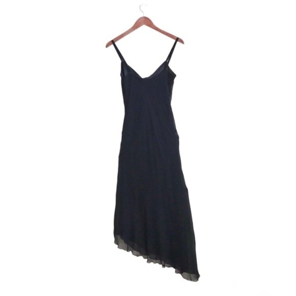 VTG 90s Y2K Beaded Cowl Neck 100% Silk Asymmetrical Cocktail Midi Dress Black 8 - Picture 3 of 7